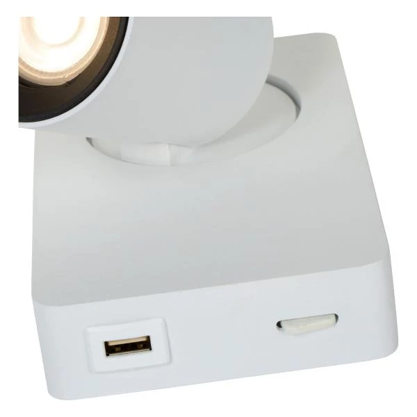 Lucide NIGEL - Bedlamp - LED Dimb. - GU10 - 1x5W 2200K/3000K - Met USB oplaadpunt - Wit - detail 3